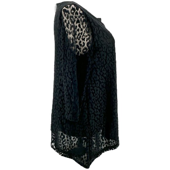 Chicos Burnout Tunic Top Size 2 L 12 Black Lace Sheer 3/4 Sleeves Nylon Poly - Picture 8 of 10